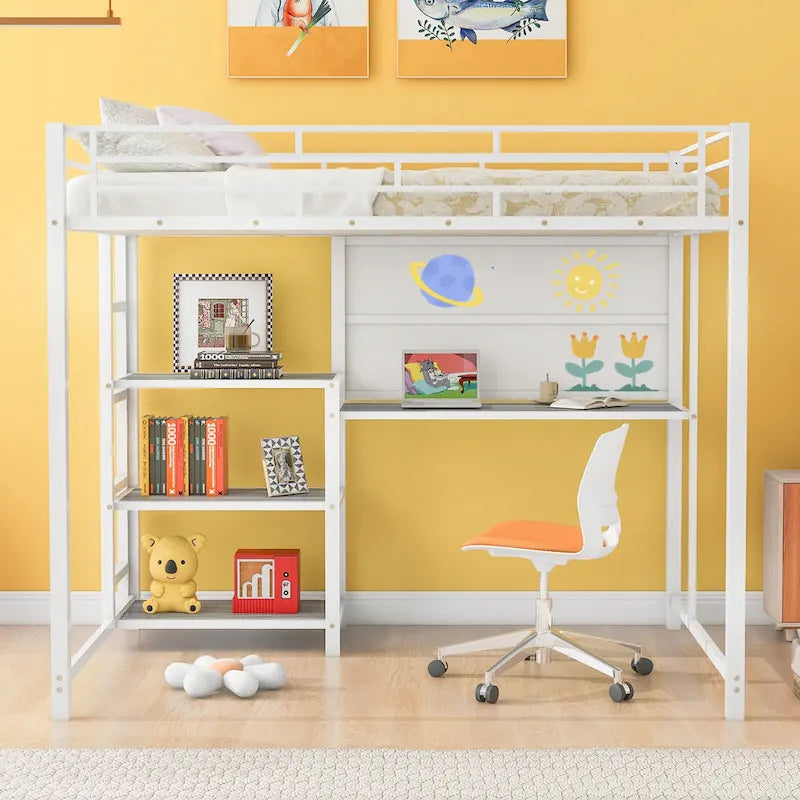 Metal Bed Frame Kids Loft Bed with Desk and Whiteboard, 3 Shelves and Ladder, Metal Slat Support
