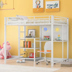 Metal Bed Frame Kids Loft Bed with Desk and Whiteboard, 3 Shelves and Ladder, Metal Slat Support