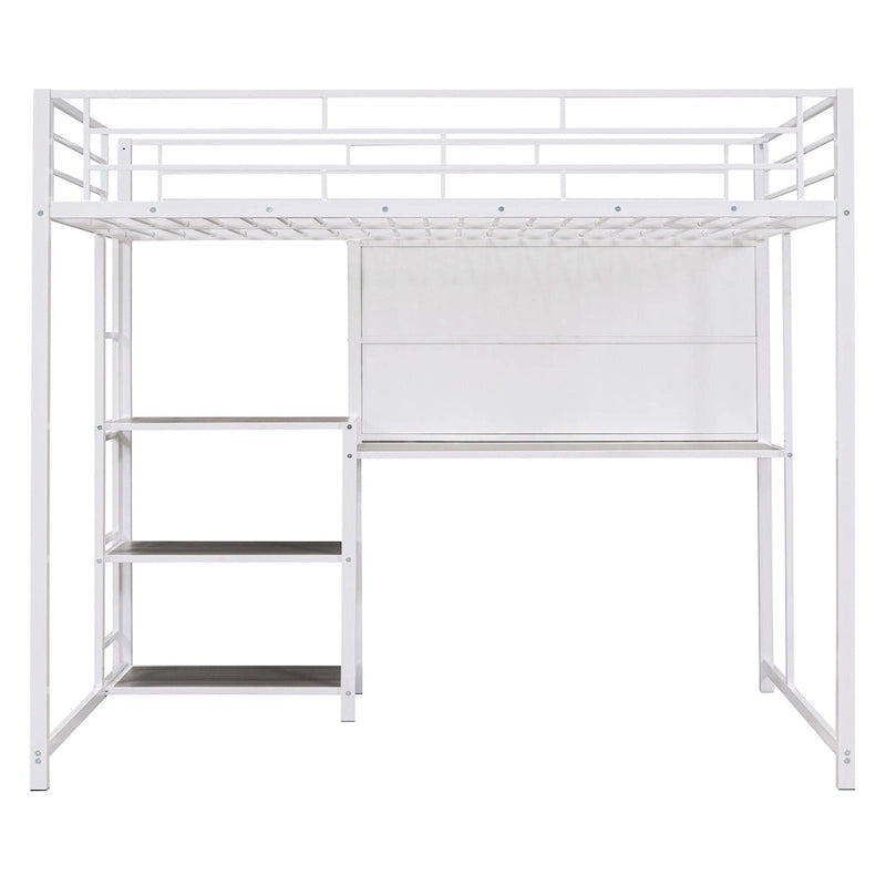 Metal Bed Frame Kids Loft Bed with Desk and Whiteboard, 3 Shelves and Ladder, Metal Slat Support