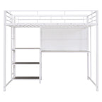 Metal Bed Frame Kids Loft Bed with Desk and Whiteboard, 3 Shelves and Ladder, Metal Slat Support