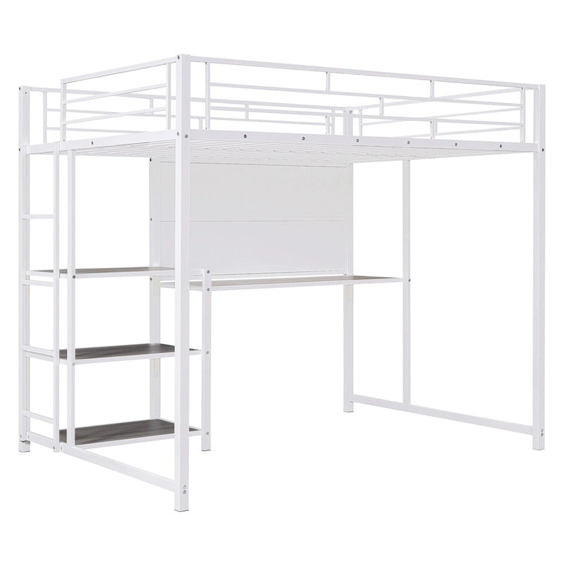 Metal Bed Frame Kids Loft Bed with Desk and Whiteboard, 3 Shelves and Ladder, Metal Slat Support