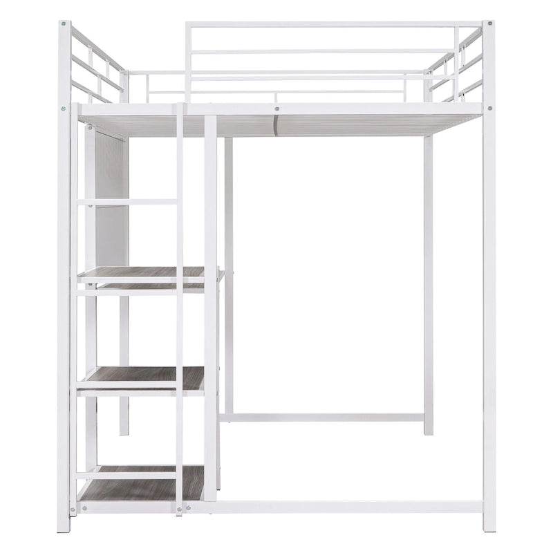 Metal Bed Frame Kids Loft Bed with Desk and Whiteboard, 3 Shelves and Ladder, Metal Slat Support