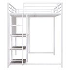 Metal Bed Frame Kids Loft Bed with Desk and Whiteboard, 3 Shelves and Ladder, Metal Slat Support