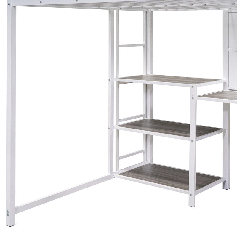 Metal Bed Frame Kids Loft Bed with Desk and Whiteboard, 3 Shelves and Ladder, Metal Slat Support