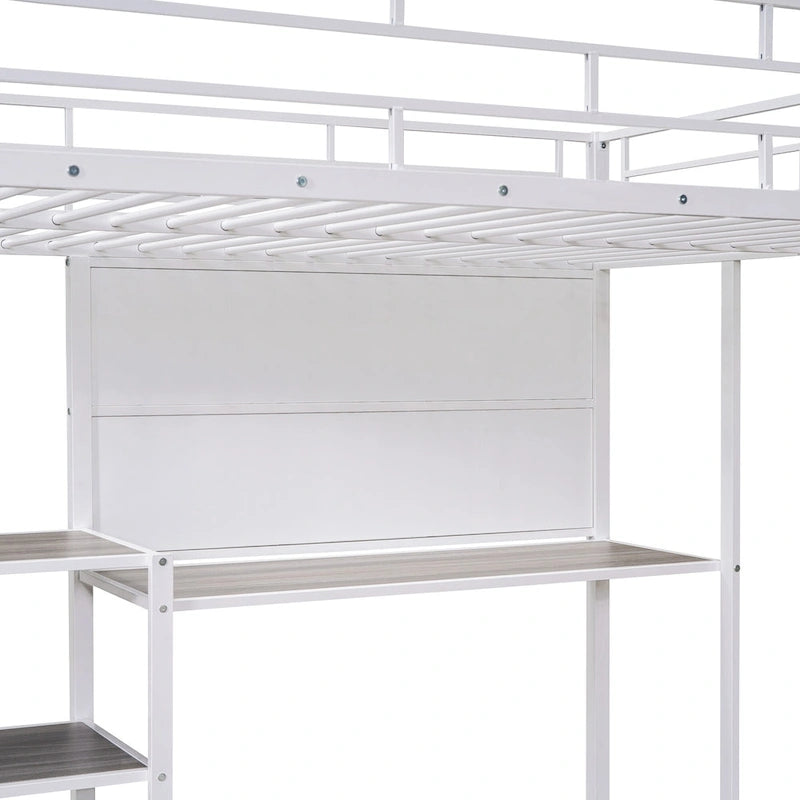 Metal Bed Frame Kids Loft Bed with Desk and Whiteboard, 3 Shelves and Ladder, Metal Slat Support