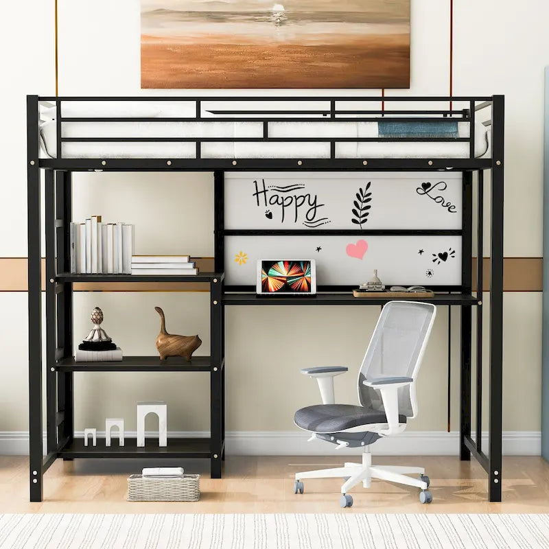 Metal Bed Frame Kids Loft Bed with Desk and Whiteboard, 3 Shelves and Ladder, Metal Slat Support