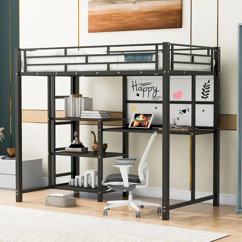 Metal Bed Frame Kids Loft Bed with Desk and Whiteboard, 3 Shelves and Ladder, Metal Slat Support