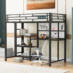 Metal Bed Frame Kids Loft Bed with Desk and Whiteboard, 3 Shelves and Ladder, Metal Slat Support