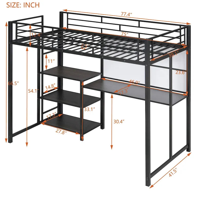 Metal Bed Frame Kids Loft Bed with Desk and Whiteboard, 3 Shelves and Ladder, Metal Slat Support