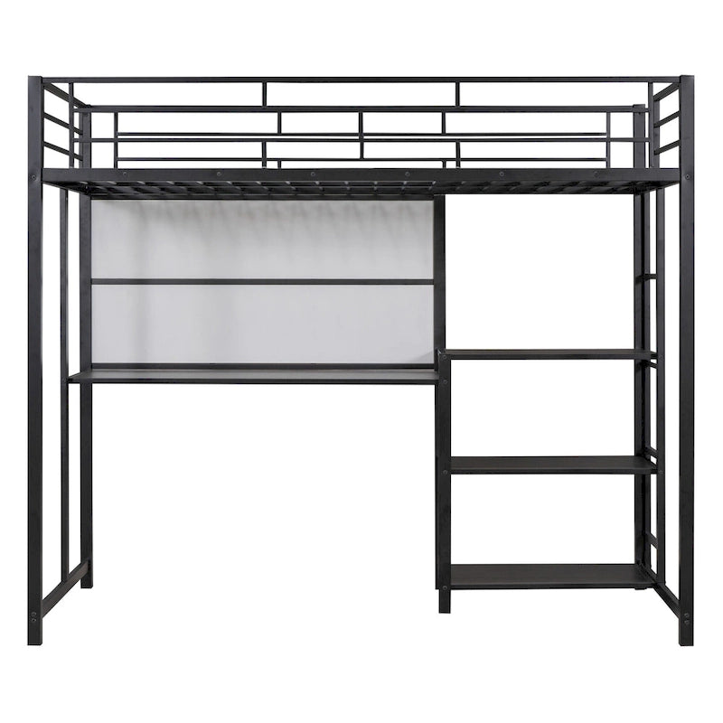 Metal Bed Frame Kids Loft Bed with Desk and Whiteboard, 3 Shelves and Ladder, Metal Slat Support