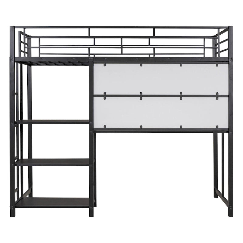 Metal Bed Frame Kids Loft Bed with Desk and Whiteboard, 3 Shelves and Ladder, Metal Slat Support