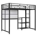 Metal Bed Frame Kids Loft Bed with Desk and Whiteboard, 3 Shelves and Ladder, Metal Slat Support