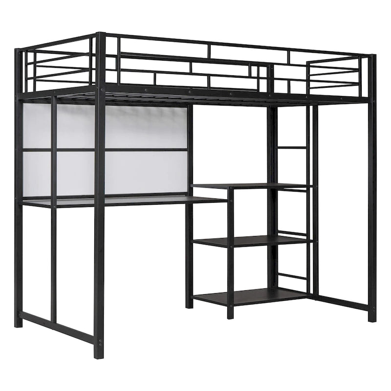 Metal Bed Frame Kids Loft Bed with Desk and Whiteboard, 3 Shelves and Ladder, Metal Slat Support