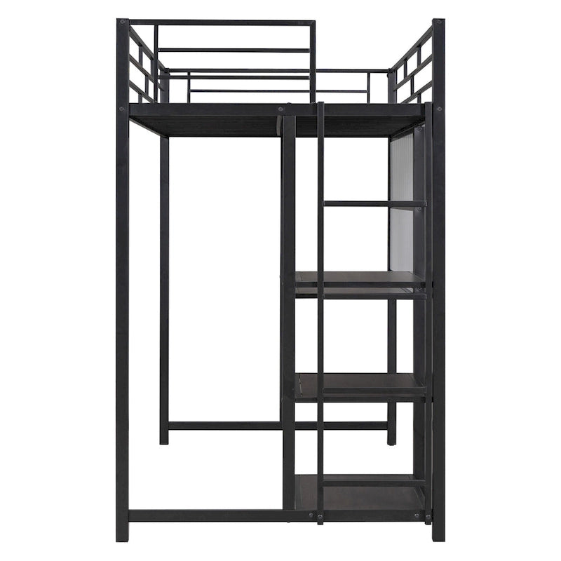 Metal Bed Frame Kids Loft Bed with Desk and Whiteboard, 3 Shelves and Ladder, Metal Slat Support
