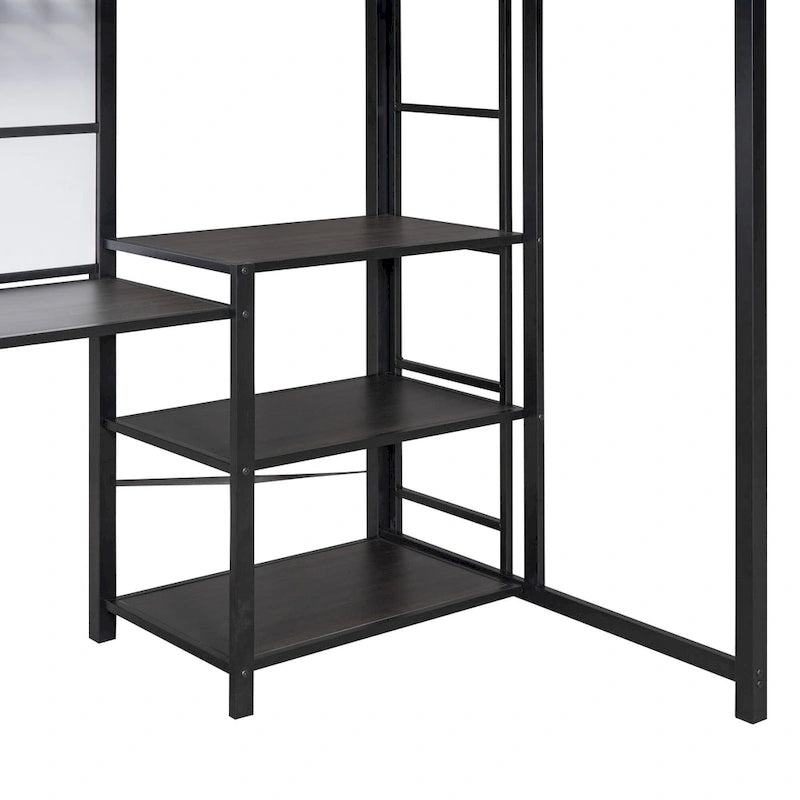 Metal Bed Frame Kids Loft Bed with Desk and Whiteboard, 3 Shelves and Ladder, Metal Slat Support