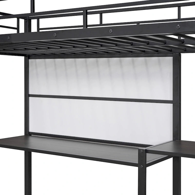 Metal Bed Frame Kids Loft Bed with Desk and Whiteboard, 3 Shelves and Ladder, Metal Slat Support