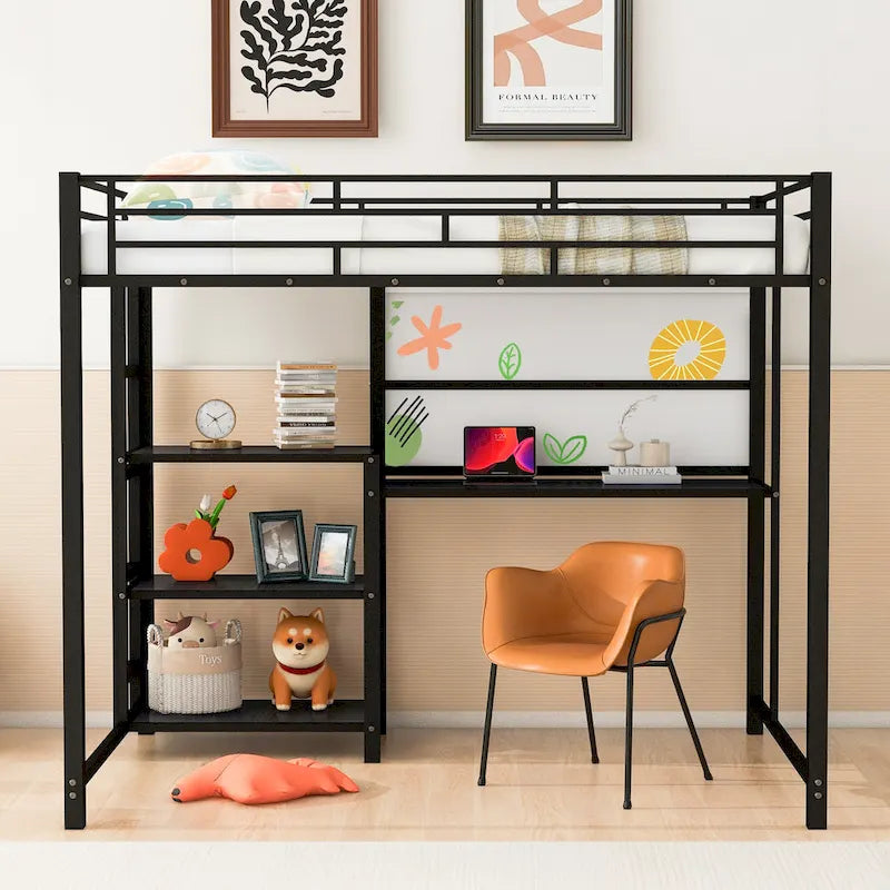 Metal Bed Frame Kids Loft Bed with Desk and Whiteboard, 3 Shelves and Ladder, Metal Slat Support