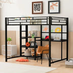 Metal Bed Frame Kids Loft Bed with Desk and Whiteboard, 3 Shelves and Ladder, Metal Slat Support