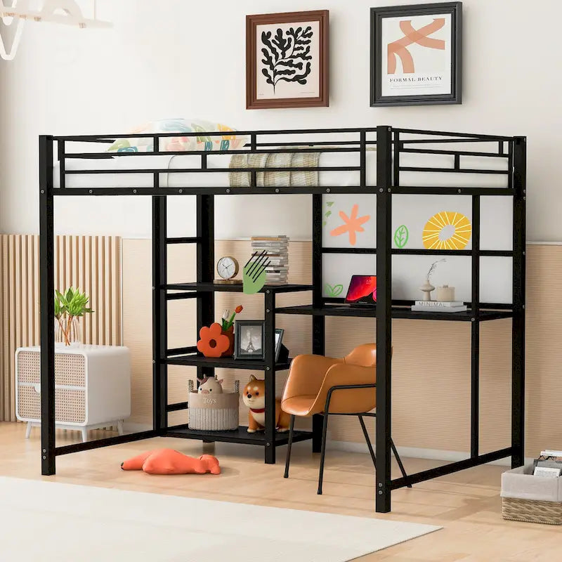 Metal Bed Frame Kids Loft Bed with Desk and Whiteboard, 3 Shelves and Ladder, Metal Slat Support