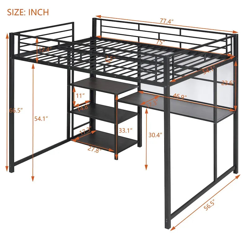 Metal Bed Frame Kids Loft Bed with Desk and Whiteboard, 3 Shelves and Ladder, Metal Slat Support