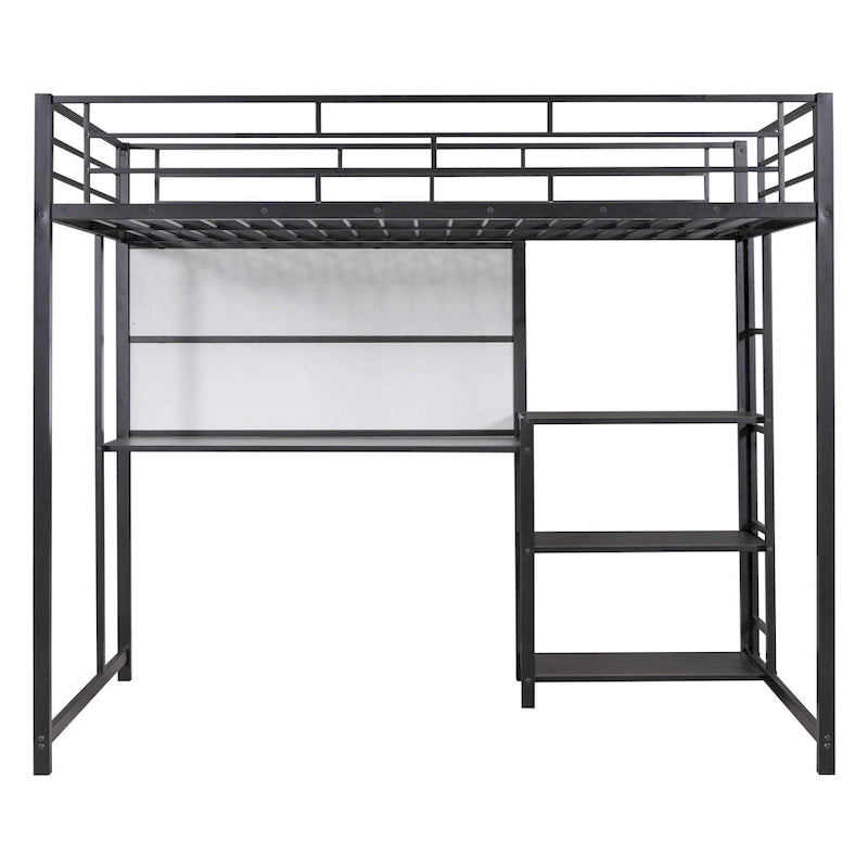 Metal Bed Frame Kids Loft Bed with Desk and Whiteboard, 3 Shelves and Ladder, Metal Slat Support