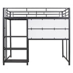 Metal Bed Frame Kids Loft Bed with Desk and Whiteboard, 3 Shelves and Ladder, Metal Slat Support