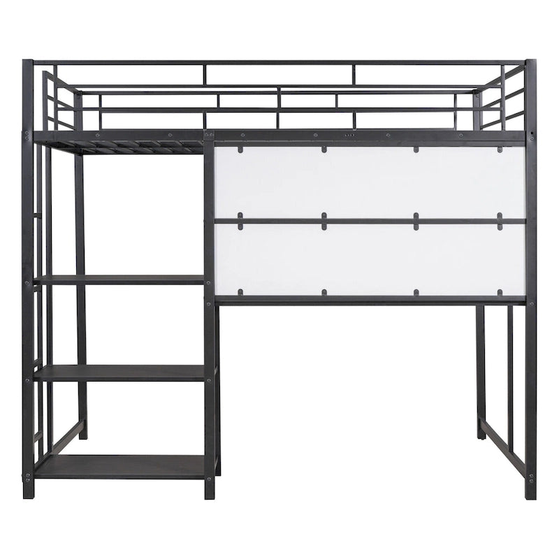 Metal Bed Frame Kids Loft Bed with Desk and Whiteboard, 3 Shelves and Ladder, Metal Slat Support