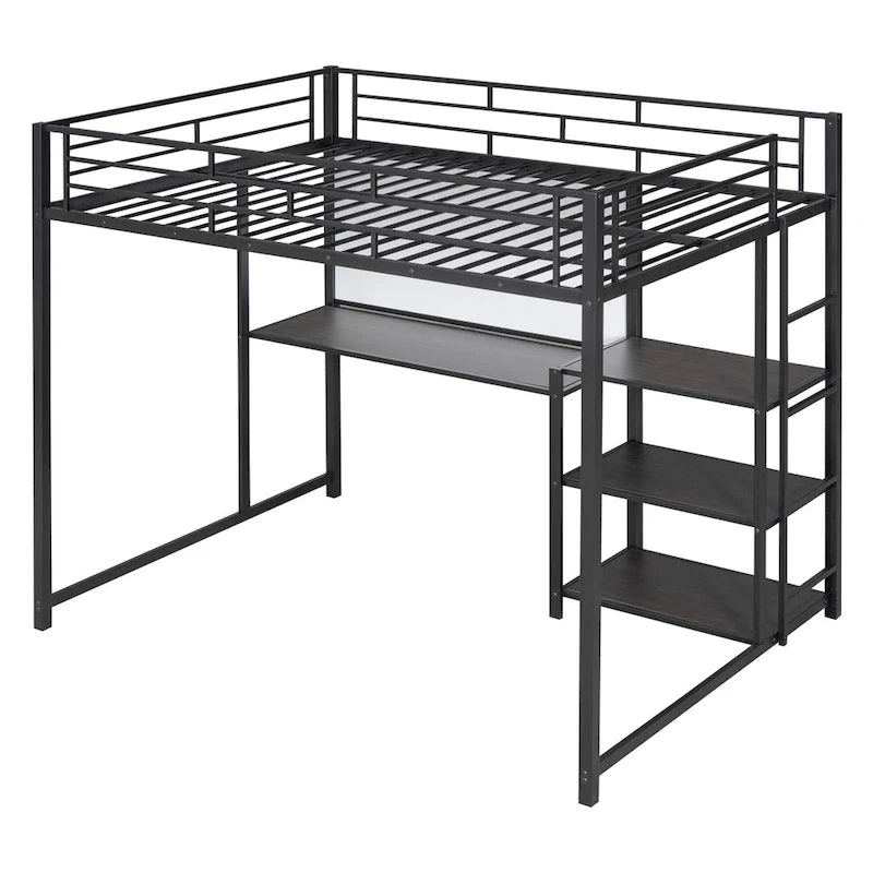 Metal Bed Frame Kids Loft Bed with Desk and Whiteboard, 3 Shelves and Ladder, Metal Slat Support