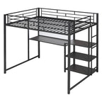 Metal Bed Frame Kids Loft Bed with Desk and Whiteboard, 3 Shelves and Ladder, Metal Slat Support