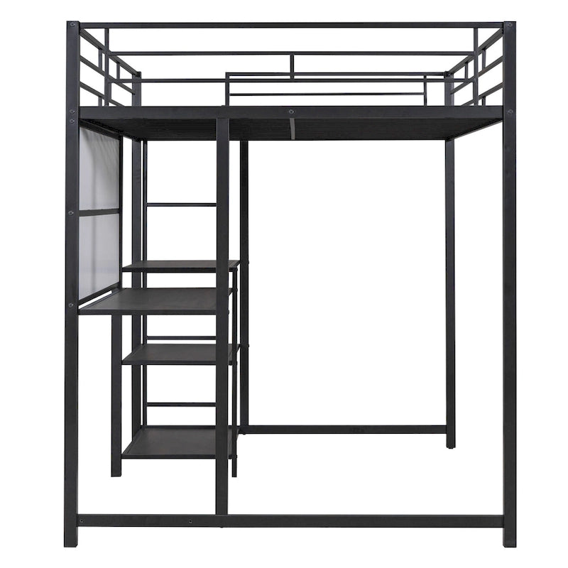 Metal Bed Frame Kids Loft Bed with Desk and Whiteboard, 3 Shelves and Ladder, Metal Slat Support
