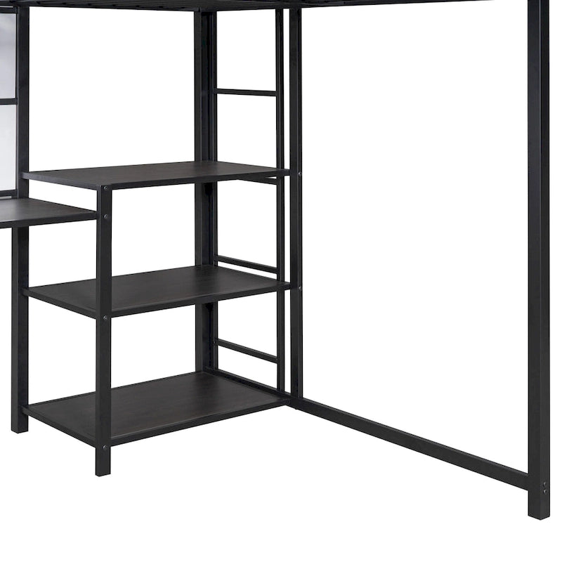 Metal Bed Frame Kids Loft Bed with Desk and Whiteboard, 3 Shelves and Ladder, Metal Slat Support
