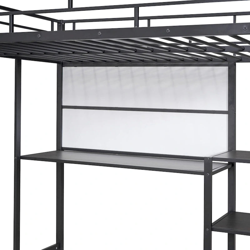 Metal Bed Frame Kids Loft Bed with Desk and Whiteboard, 3 Shelves and Ladder, Metal Slat Support