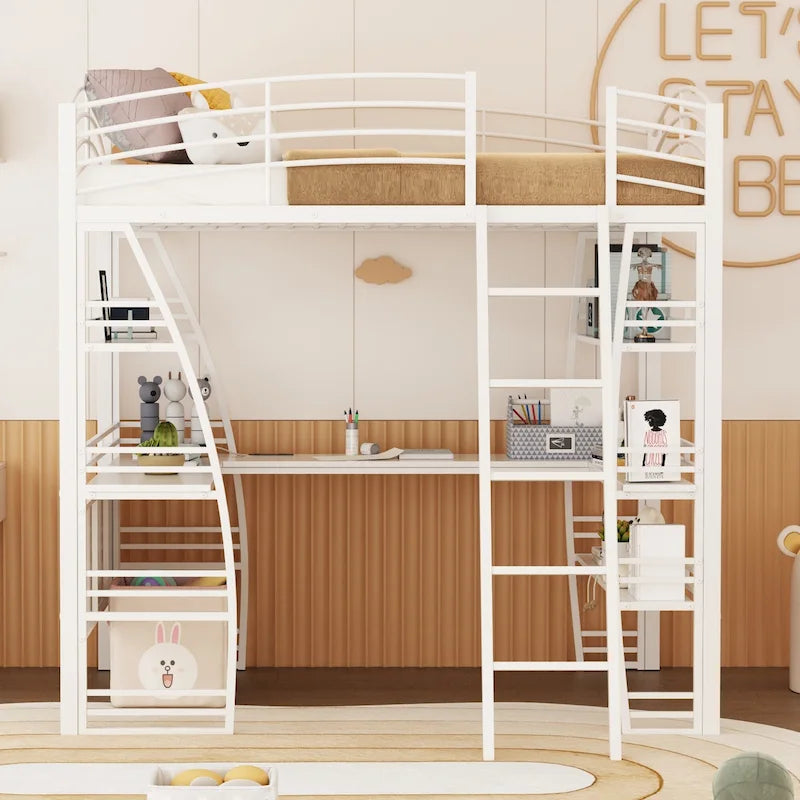 Metal Loft Bed Frame, Under Bed with 4 Layers of Shelves & L-shaped Desk, Desktop with Sockets, USB Ports, Wireless Charging