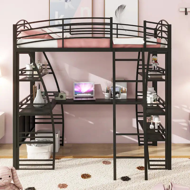 Metal Loft Bed Frame, Under Bed with 4 Layers of Shelves & L-shaped Desk, Desktop with Sockets, USB Ports, Wireless Charging
