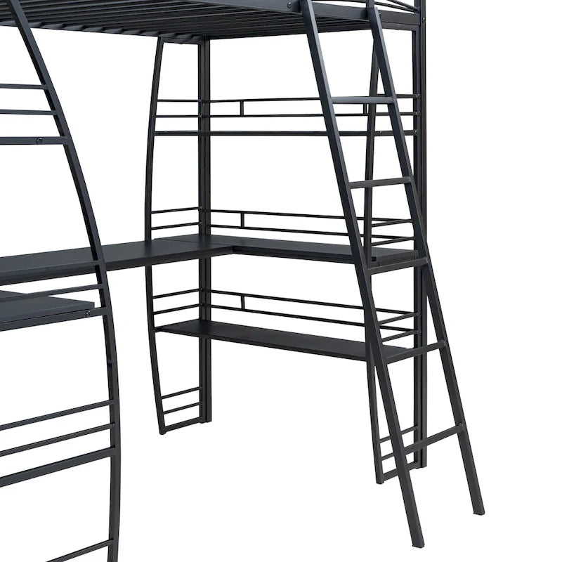 Metal Loft Bed Frame, Under Bed with 4 Layers of Shelves & L-shaped Desk, Desktop with Sockets, USB Ports, Wireless Charging
