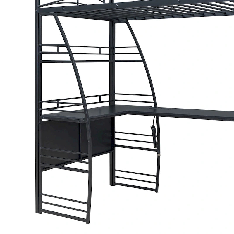 Metal Loft Bed Frame, Under Bed with 4 Layers of Shelves & L-shaped Desk, Desktop with Sockets, USB Ports, Wireless Charging