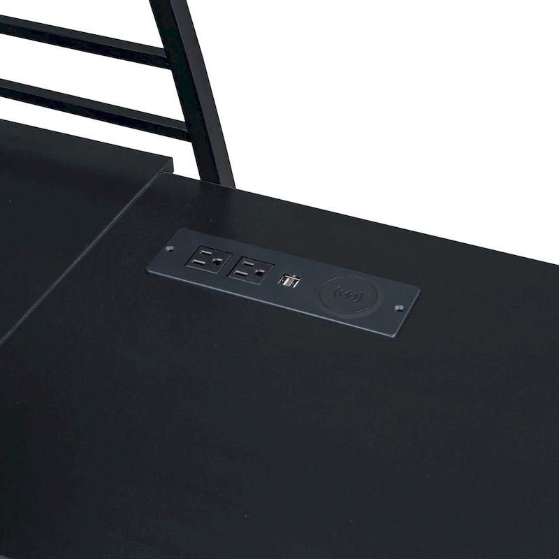 Metal Loft Bed Frame, Under Bed with 4 Layers of Shelves & L-shaped Desk, Desktop with Sockets, USB Ports, Wireless Charging