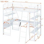 Metal Loft Bed Frame, Under Bed with 4 Layers of Shelves & L-shaped Desk, Desktop with Sockets, USB Ports, Wireless Charging