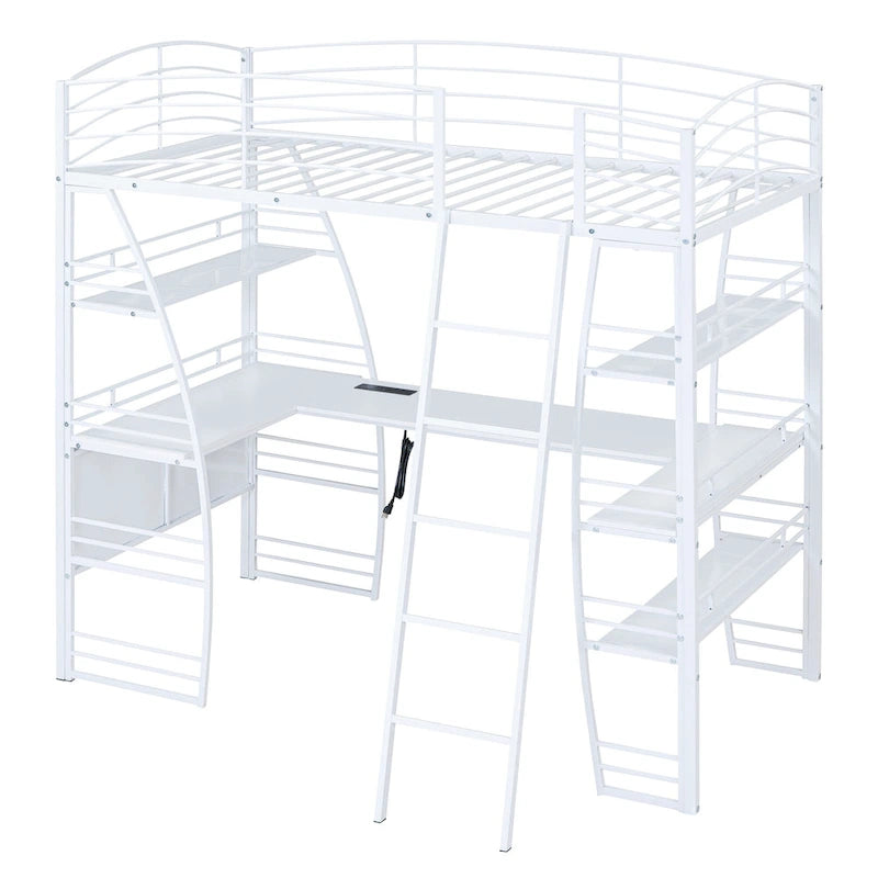 Metal Loft Bed Frame, Under Bed with 4 Layers of Shelves & L-shaped Desk, Desktop with Sockets, USB Ports, Wireless Charging