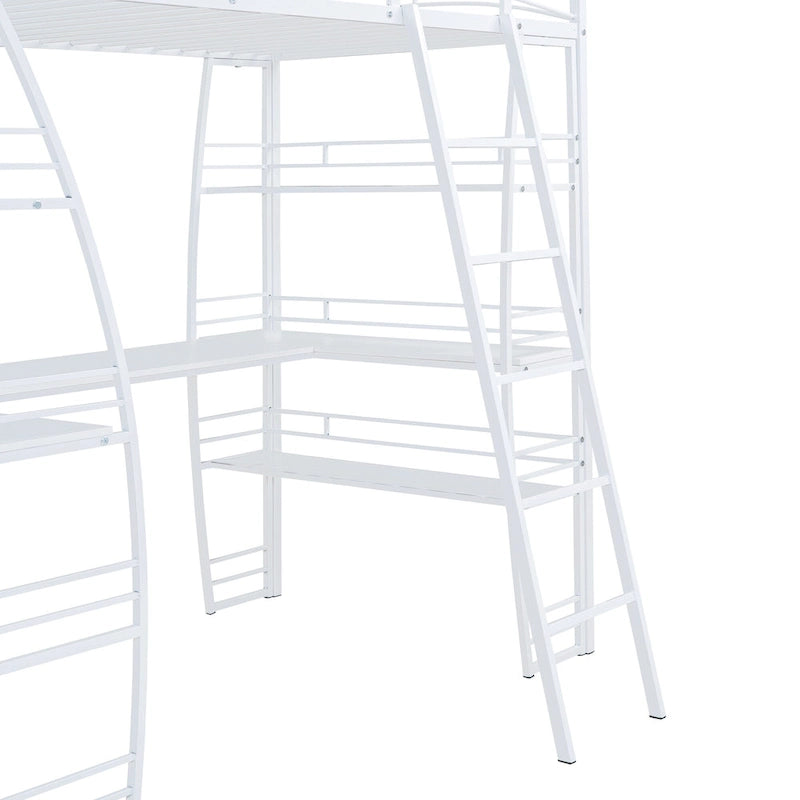 Metal Loft Bed Frame, Under Bed with 4 Layers of Shelves & L-shaped Desk, Desktop with Sockets, USB Ports, Wireless Charging