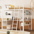 Metal Loft Bed Frame, Under Bed with 4 Layers of Shelves & L-shaped Desk, Desktop with Sockets, USB Ports, Wireless Charging