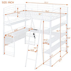 Metal Loft Bed Frame, Under Bed with 4 Layers of Shelves & L-shaped Desk, Desktop with Sockets, USB Ports, Wireless Charging