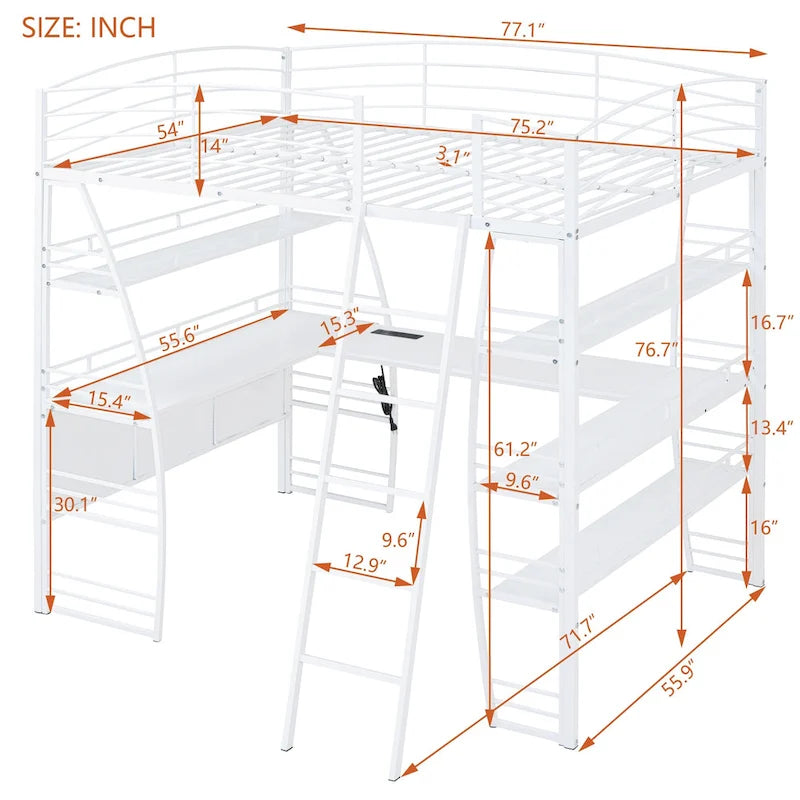 Metal Loft Bed Frame, Under Bed with 4 Layers of Shelves & L-shaped Desk, Desktop with Sockets, USB Ports, Wireless Charging
