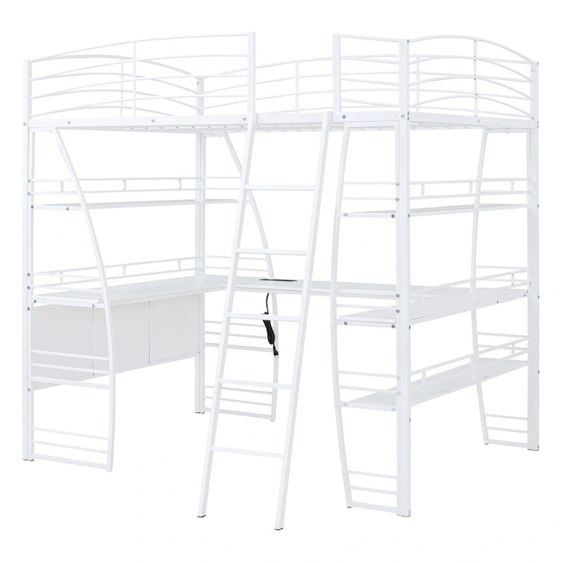 Metal Loft Bed Frame, Under Bed with 4 Layers of Shelves & L-shaped Desk, Desktop with Sockets, USB Ports, Wireless Charging