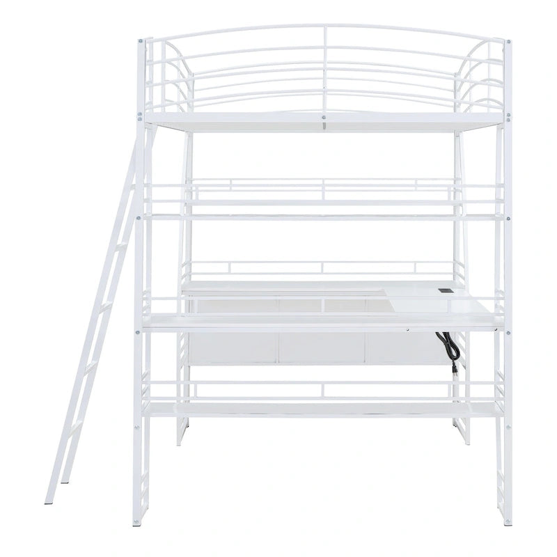 Metal Loft Bed Frame, Under Bed with 4 Layers of Shelves & L-shaped Desk, Desktop with Sockets, USB Ports, Wireless Charging
