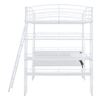 Metal Loft Bed Frame, Under Bed with 4 Layers of Shelves & L-shaped Desk, Desktop with Sockets, USB Ports, Wireless Charging