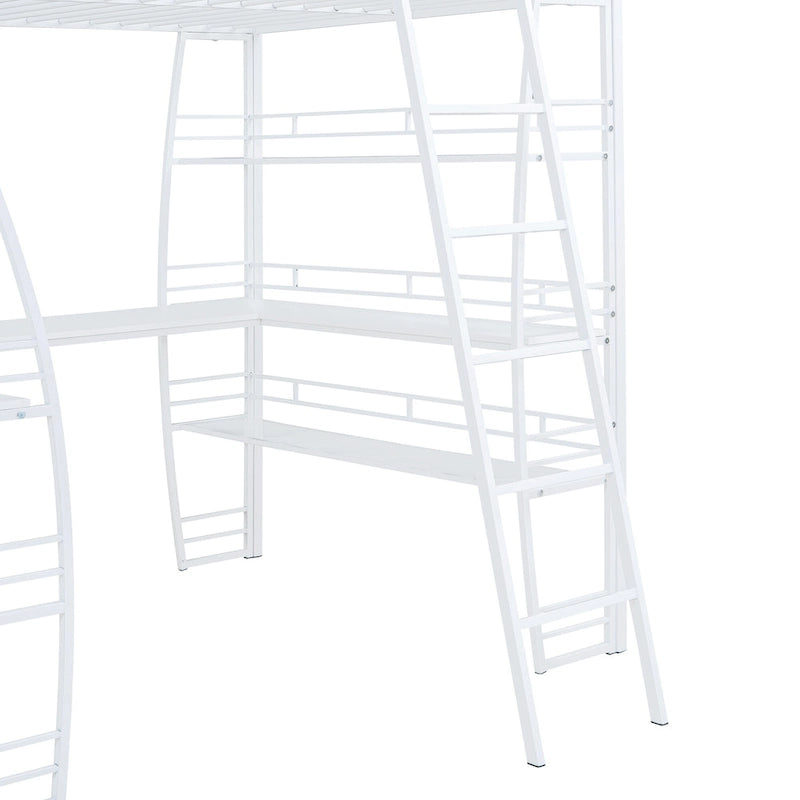 Metal Loft Bed Frame, Under Bed with 4 Layers of Shelves & L-shaped Desk, Desktop with Sockets, USB Ports, Wireless Charging
