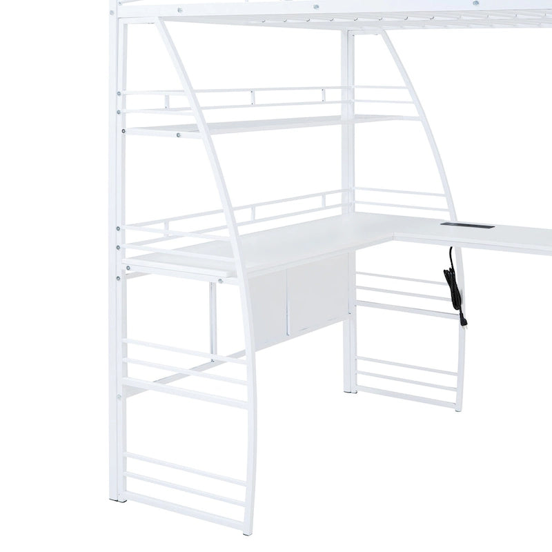 Metal Loft Bed Frame, Under Bed with 4 Layers of Shelves & L-shaped Desk, Desktop with Sockets, USB Ports, Wireless Charging