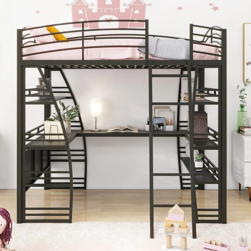 Metal Loft Bed Frame, Under Bed with 4 Layers of Shelves & L-shaped Desk, Desktop with Sockets, USB Ports, Wireless Charging