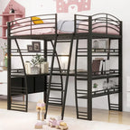 Metal Loft Bed Frame, Under Bed with 4 Layers of Shelves & L-shaped Desk, Desktop with Sockets, USB Ports, Wireless Charging